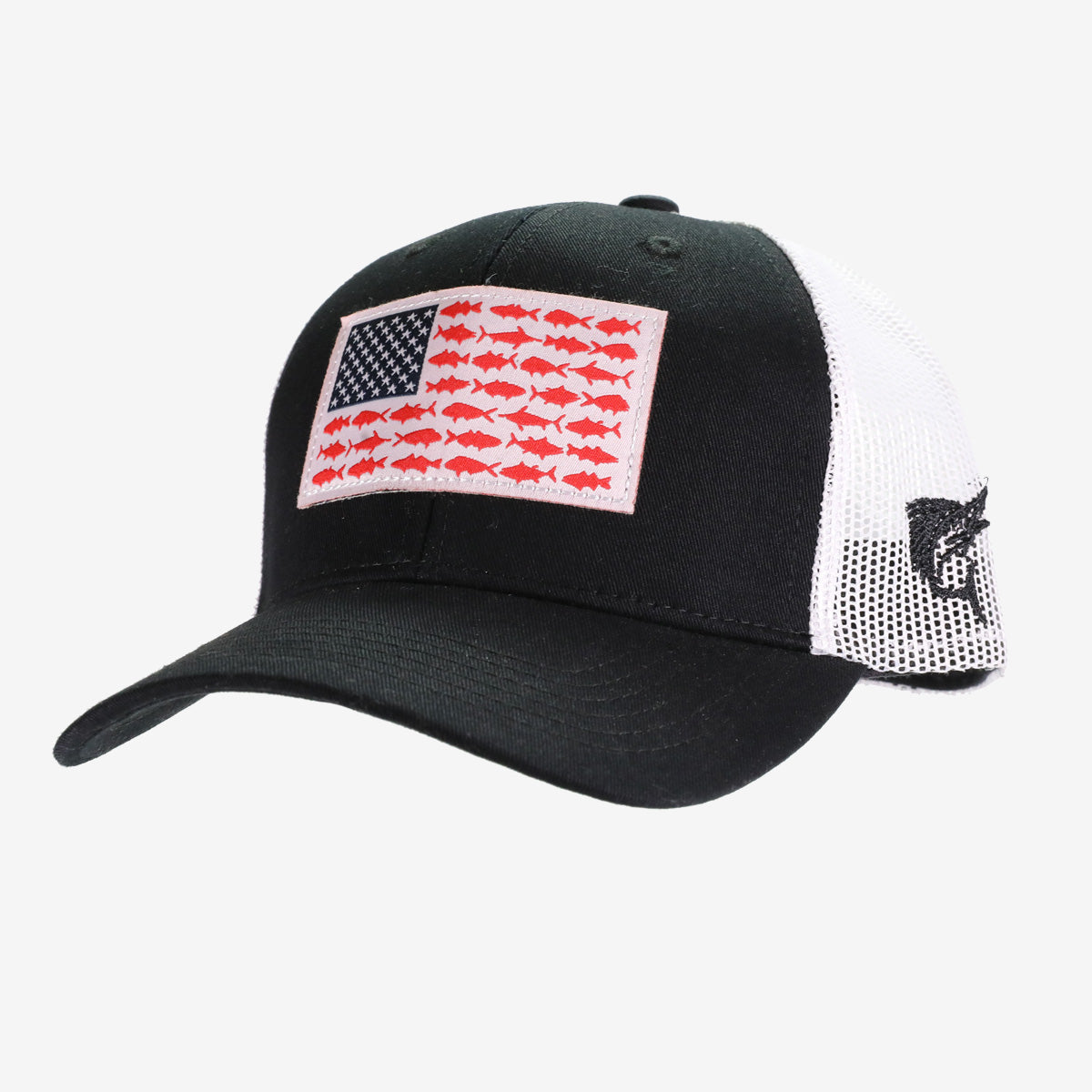 American Flag Fish Patch Black/Red Trucker Hat