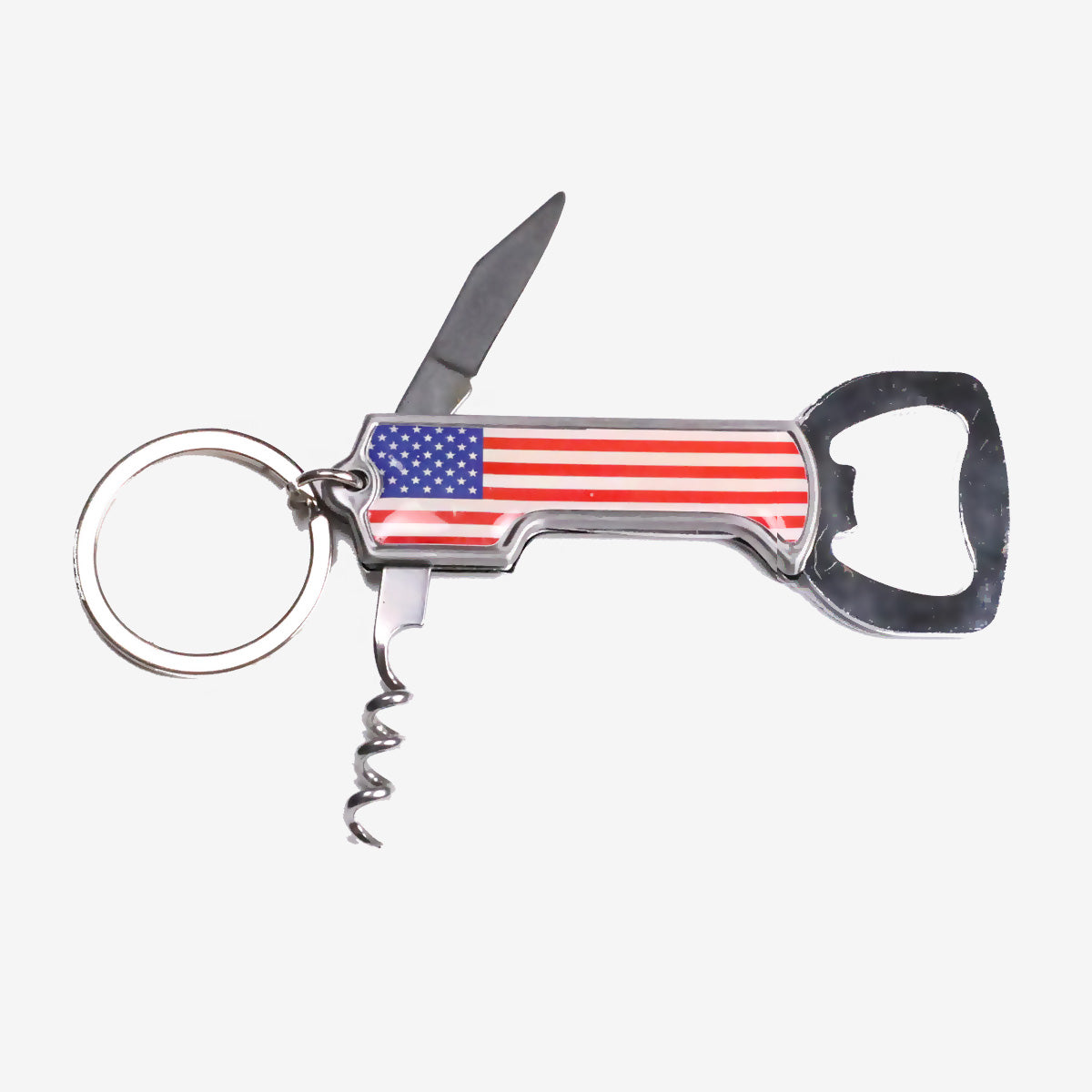 USA 3 in 1 Metal Knife Corkscrew & Bottle Opener Key Ring